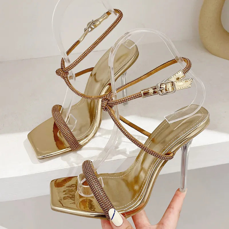 Fashion golden silver rhinestone women sandals summer party wedding shoes open toe buckle strap high heels – Pollyanna Events