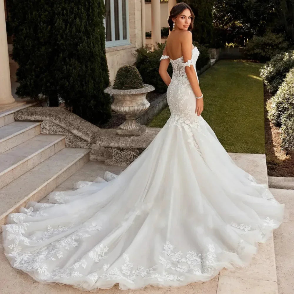 Customize Luxury  Lace Wedding Dress Trumpet Tulle Sweetheart Vestido Off Shoulder Bride Gown Backless Train Robe De Mariée
