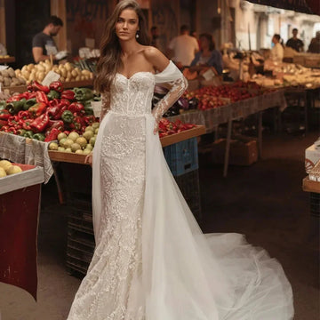 Customized Sexy Graceful Mermaid Sweetheart Tulle Off White Wedding Dress With Detachable Overskirt Bride Gowns