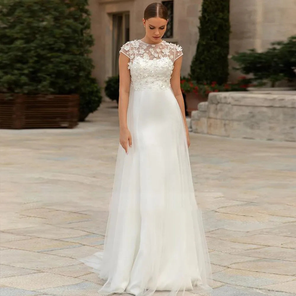 O-neck cap sleeve 3D flowers tulle overskirt satin sweetheart cut out back bride gown robe de mariee – Pollyanna Events
