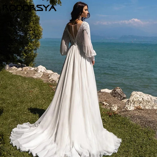 RODDRSYA Boho A-line Wedding Dresses For Women Chiffon Puffy Sleeve vestido de novia 2024 Elegant Lace Bridal Dress Custom Made