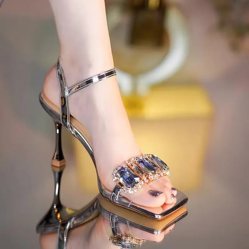 Gold silver high heels sandals women summer square toe shiny crystal thin heel party pumps ankle strap – Pollyanna Events