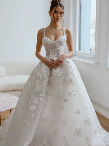 Customized A Line Lace Wedding Dresses Sweetheart Princess Appliques 3D Flowers A-Line Bridal Gowns Sleeveless Bride Dress