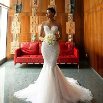 Sexy Mermaid Wedding Dress 2026 Sheer Sweetheart Long Illusion Sleeves Pearls Sequined Tulle Bride Gowns New Vestidos De Noiva