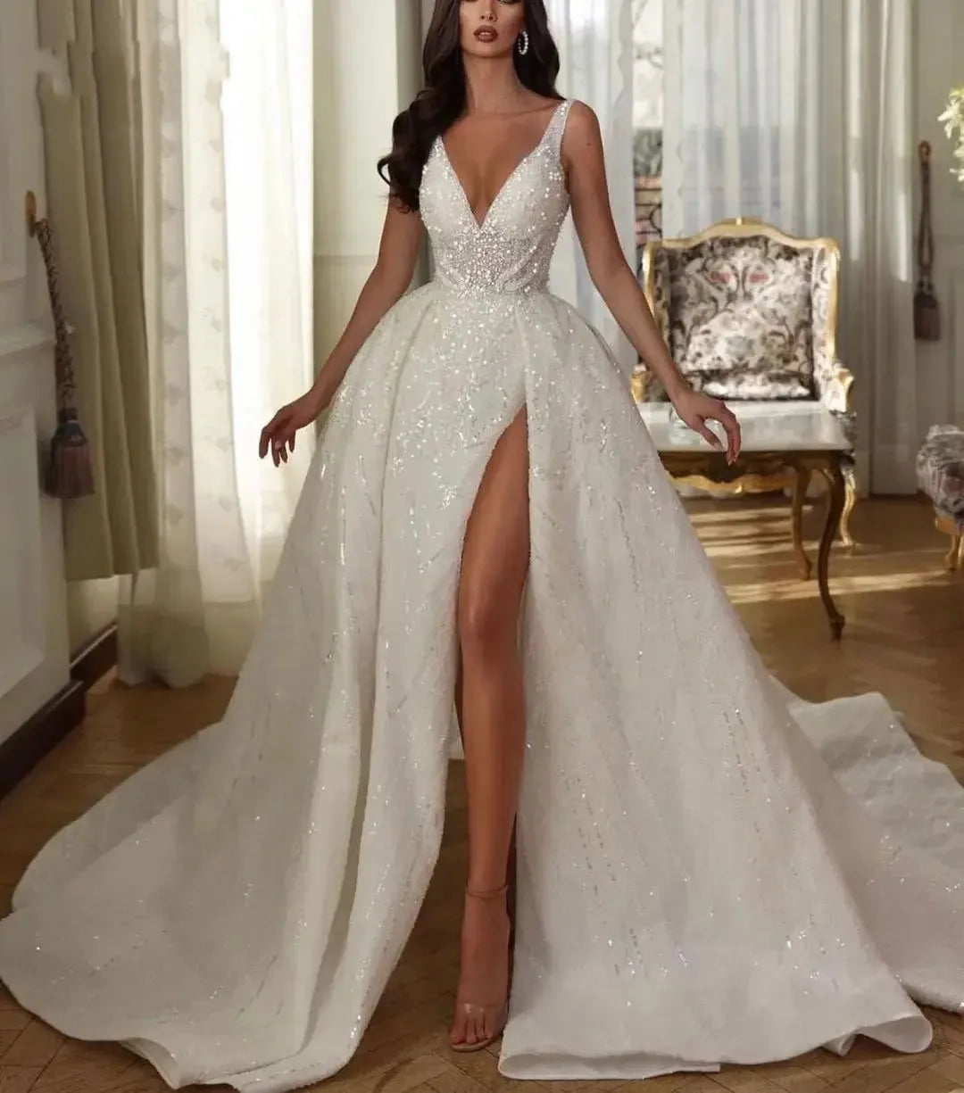 Shiny ball gown V-neck sequins straps appliques lace slit pearls bridal gown wedding dress 2026 – Pollyanna Events