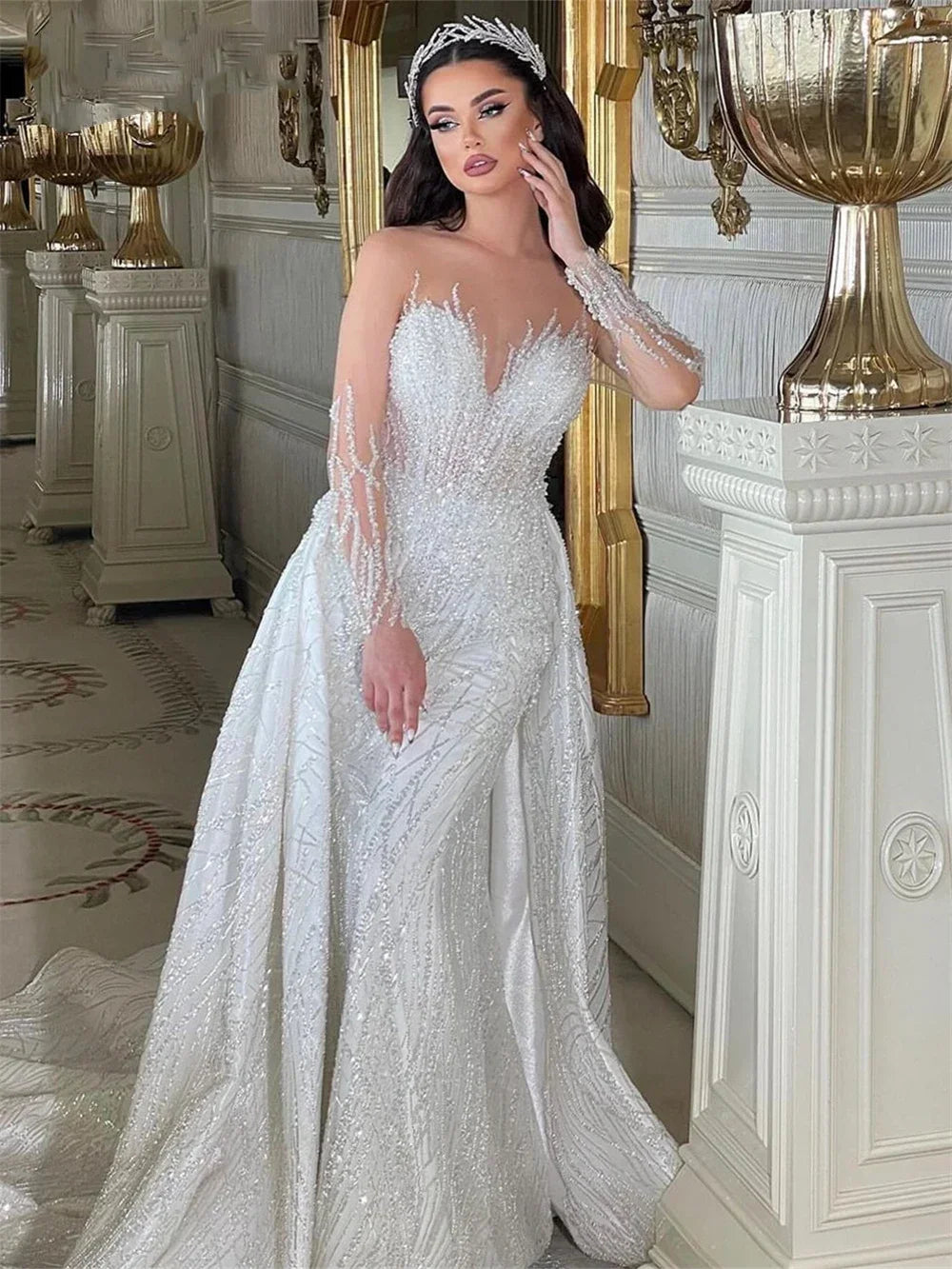 Customized Sheer Neck Beading Bride Dresses Mermaid Wedding Dress Illusion Long Sleeve Luxury Bridal Gowns Vestido De Noiva