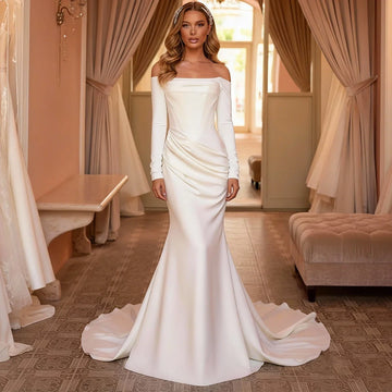 Elegant Satin Mermaid Wedding Dress For Bride Long Sleeve Backless Off Shoulder Bridal Party Gown For Women Vestidos Novia