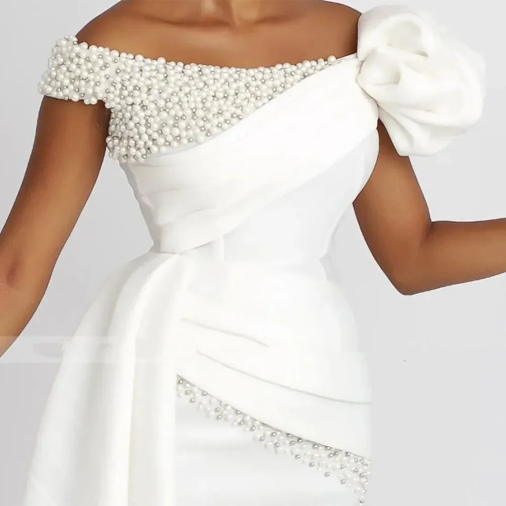 Customized Short Wedding Dresses Off the Shoulder Pearls Wedding Gown for Bride Draped Tea Length Vestidos de novia