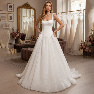 Romantic Satin Sequin Sparkly Wedding Dress With Train Long Ball Gown For Bride Backless A Line Bridal Gown For Women