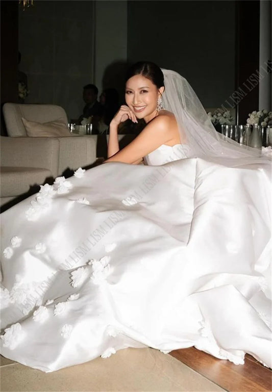 A-lijn strapless formele trouwjurken Satijn kanten luxe bruidsjurk vloer lengte fancy jurken plus size vestidos de novia