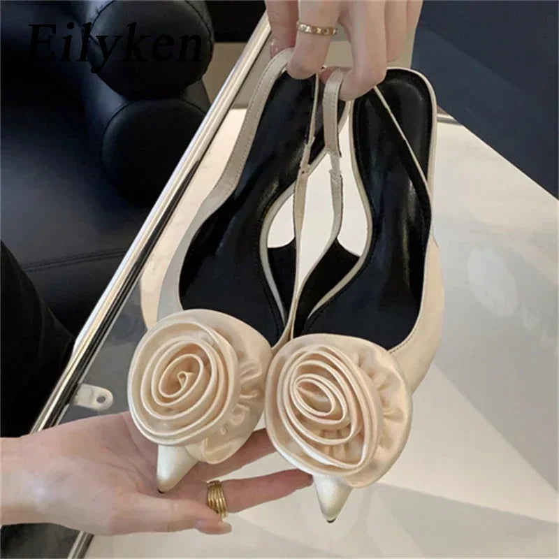 Eilyken Seksi İpek Slingback Sandal Toe Women Pompalar Moda Tasarım Çiçekleri İnce Yüksek Topuklu Ziyafet Balo Ayakkabıları