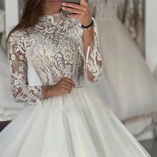 Beautiful Sexy High Collar Fluffy Mopping Lace Applique Fascinating Wedding Dresses Long Sleeve A-Line Romantic Bride Gown 2024