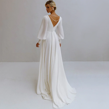 V-Neck Wedding Dress Long Sleeve A-Line Pleats Pears Simple Chiffom Bride Gown Backless Zipper Train Vestido De Novia