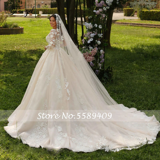 Traugel Ball Jurk Prinses trouwjurken geschulpte lange mouw Vestido de novia borduurgerechten Elegant Robe de Mariee