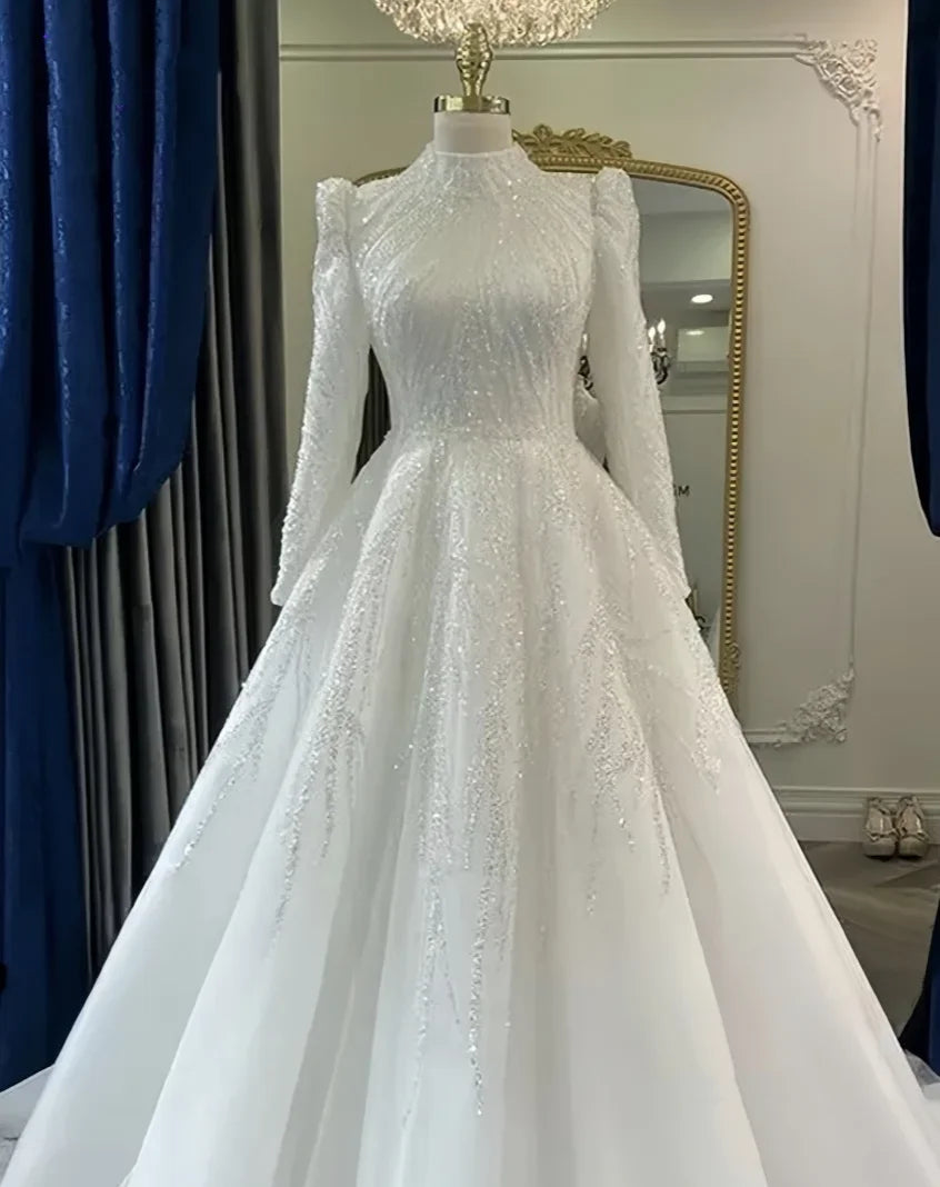 Customized Beaded Muslim Wedding Dresses for Bride Long Sleeve Hijab Islamic Bridal Gowns High Neck Arabic Vestidos De Novia