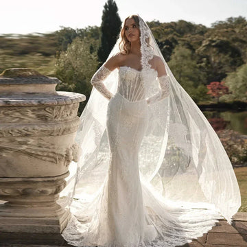 Elegant Mermaid Wedding Dresses Strapless Long Sleeve Lace Embroidery Bride Dress Bridal Gowns Court Train Vestido De Novia