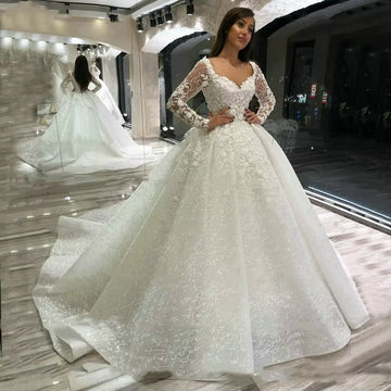 Customized Lace Wedding Dresses Long Sleeves Beaded Appliqued Robe de mariage Ball Gown Bridal Dresses vestido de noiva