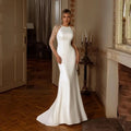 Lace appliques illusion mermaid wedding dress sheer neck satin buttons back bridal gown – Pollyanna Events