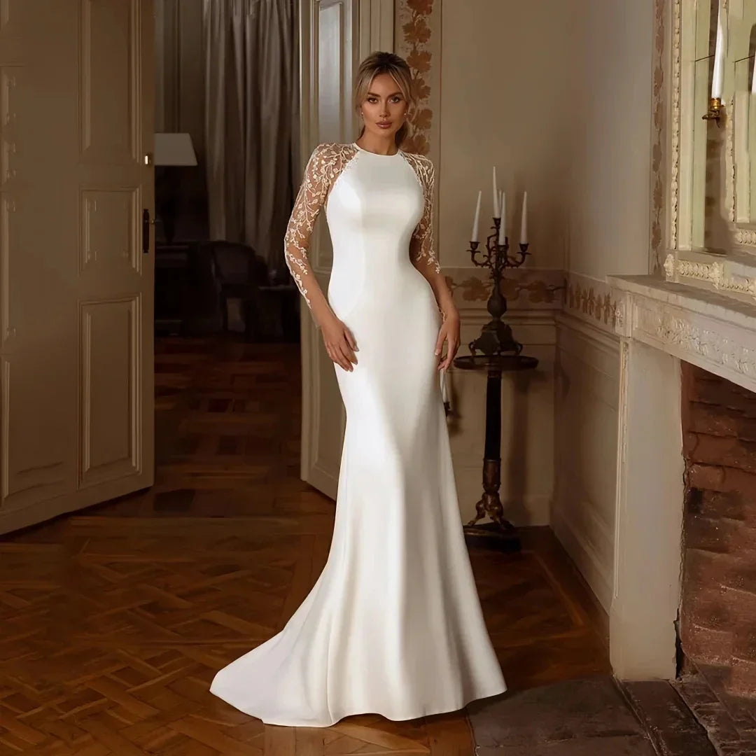 Lace appliques illusion mermaid wedding dress sheer neck satin buttons back bridal gown – Pollyanna Events
