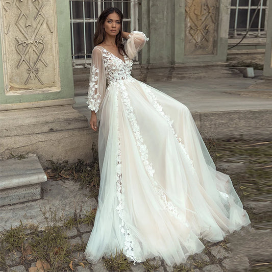 Güzellik 2023 Prenses Boho Gelinlik Aplikes Dantel Sırtsız Plaj Gelin Elbise Uzun Puflu Kollu Artı Boyut Gelin Gown