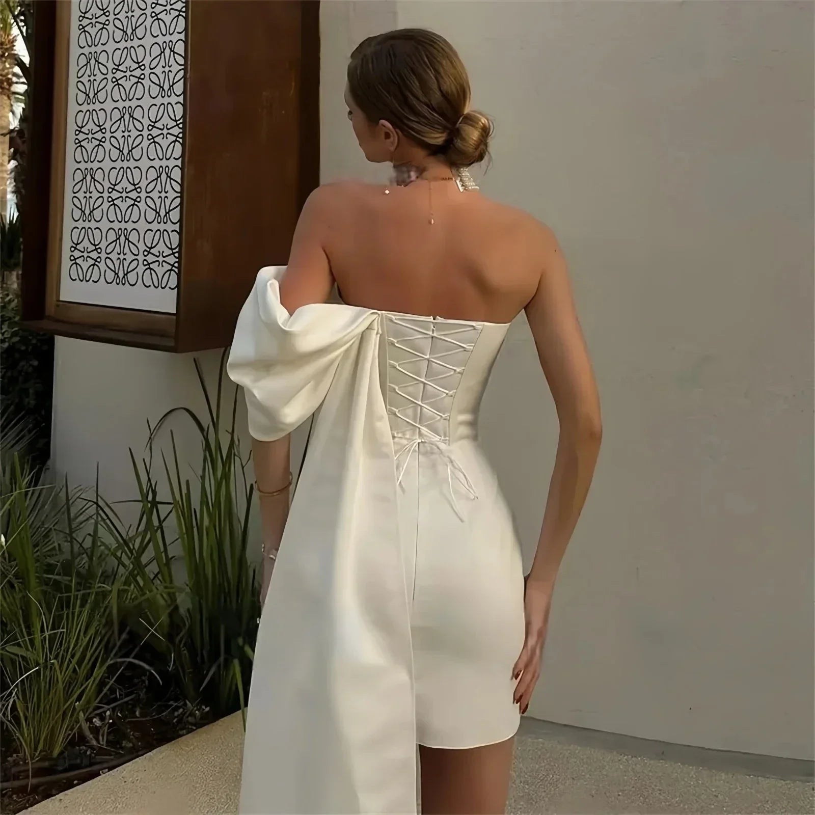 Modern satin mini one shoulder strapless sheath wedding dress elegant bridal gown – Pollyanna Events