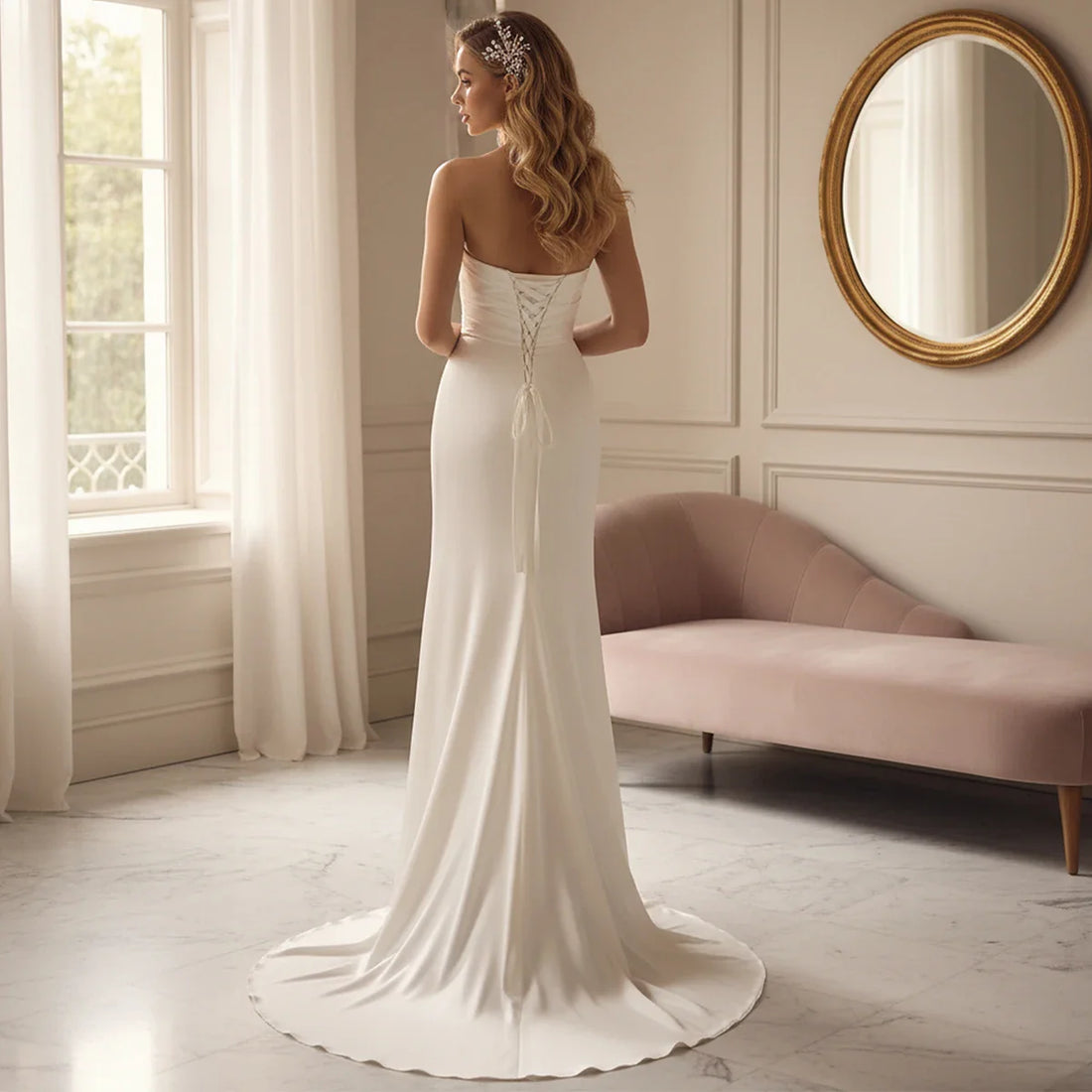 Romantic Sheath Satin Strapless Wedding Dresses With Slit Long Mermaid Backless Bridal Party Gown For Bride Vestidos Novia