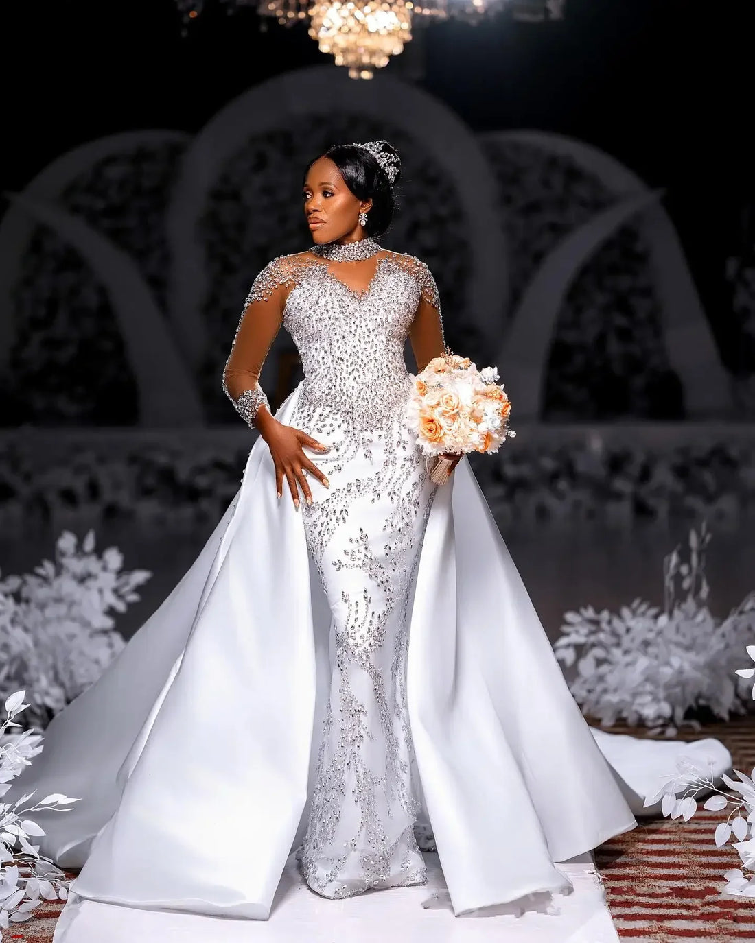 Customized Spark Heavy Crystals Beads Mermaid Wedding Dress with Removable Satin Skirt Full Sleeves Button Back Bridal Gown Robe