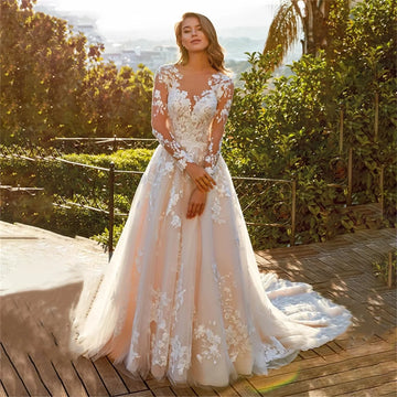 CustomizedElegant Lace A-line Wedding Dress Long Sleeves Bride Gowns Custom Made Applique Sheer Neck Button Tulle robe demariée
