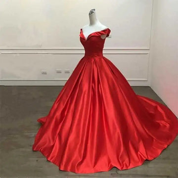 Customized Sexy Simple Red Prom Dresses V Neck Ball Gowns Cap Sleeve Satin vestidos de formatura Backless Evening Dresses