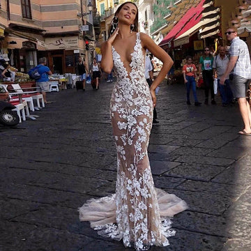 2026 Sexy Lace Mermaid Wedding Dress Plunging V-Neck Boho Backless Bridal Gown Custom Vestido De Noiva vestido de noiva