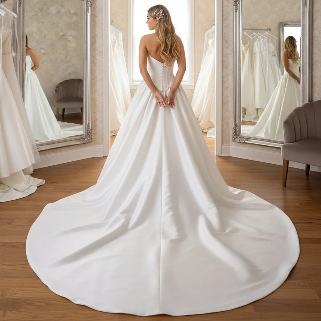 Beach Satin Beaded Wedding Dresses For Bride Vestidos Novia Bridal Party Gown For Women Long V Neck Ball Gown With Train