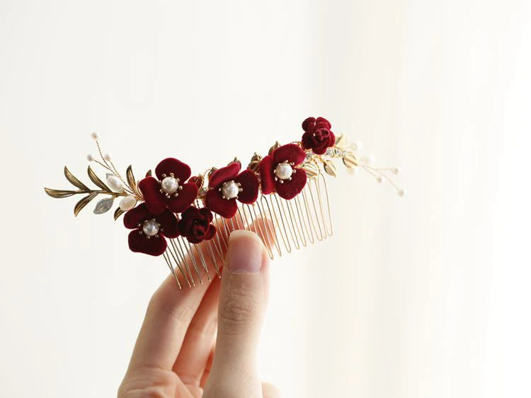 Burgundy Red Flower Head Piece Pearl Hair Comb Pin Women Brides Evening Party Dress Hairpin Bridal Jewelry Wedding Accessories