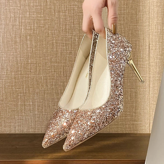 Fashion Autumn Woman High Heels Gold Silver Shoe Pointed Toe Slip-on PU Bling Casual Shoes Banquet Sexy Thin Heels Women's Pumps