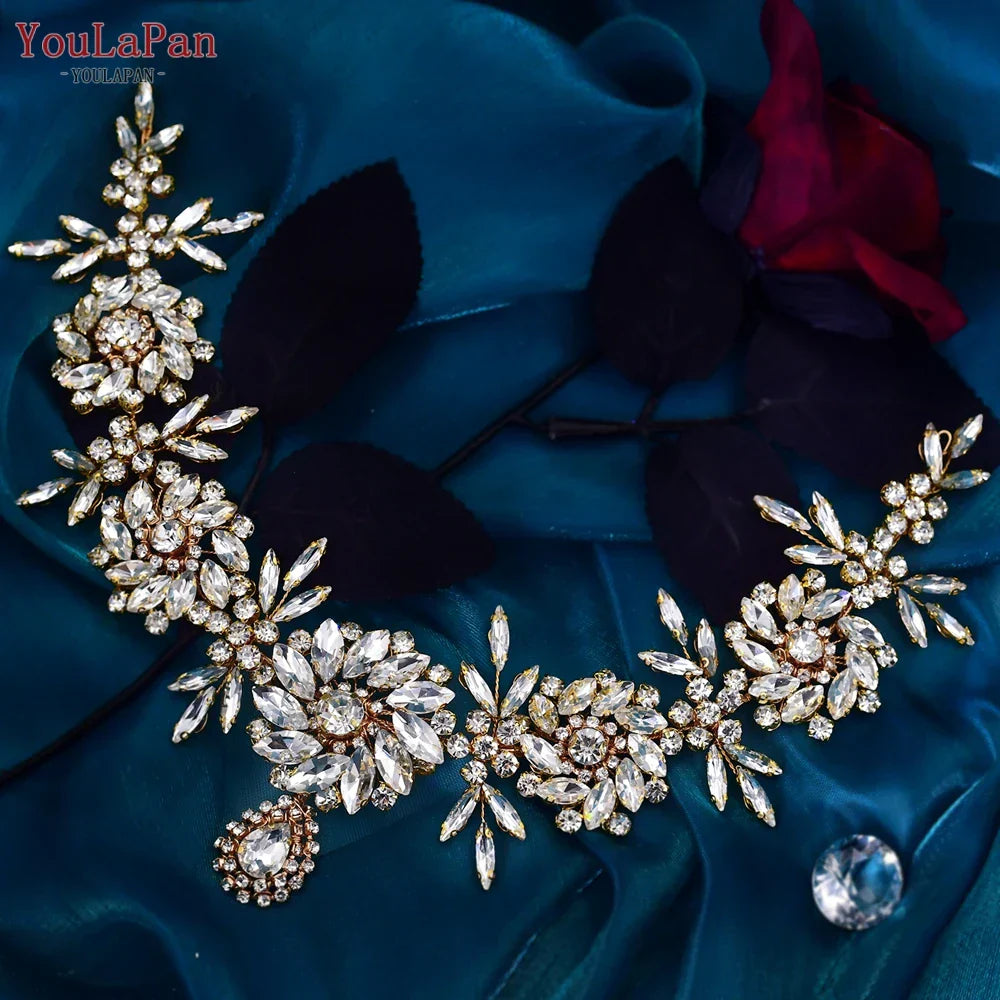 YouLaPan HP440 Golden Bridal Headband Forehead Crown for Wedding Hair Accessories Rhinestone Bride Tiara Women Headdresses