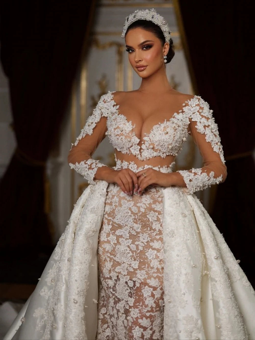 Romantik Balo Gown Weeding Elbise V Yastık aplikler İnci Gelin Corn Lüks Uzun Kollu Gelin Elbiseler Vestidos De Novia