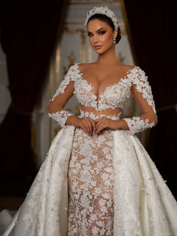 Abito da ballo romantico abito diserbare appliques a v-collo perle perle abiti da sposa a maniche lunghe di lusso vestidos de nolia