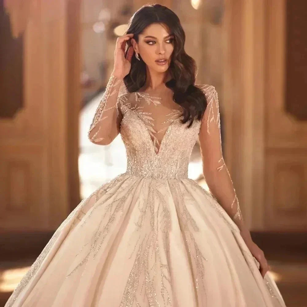 Luxury puffy sheer neck lace sequins long sleeves satin church bridal gown wedding dress – Pollyanna Events