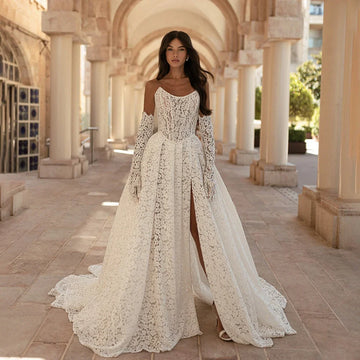 Fashion Full Lace Wedding Dresses With 3/4 Sleeve Strapless Front Split Wedding Gown Custom Made vestido de noiva
