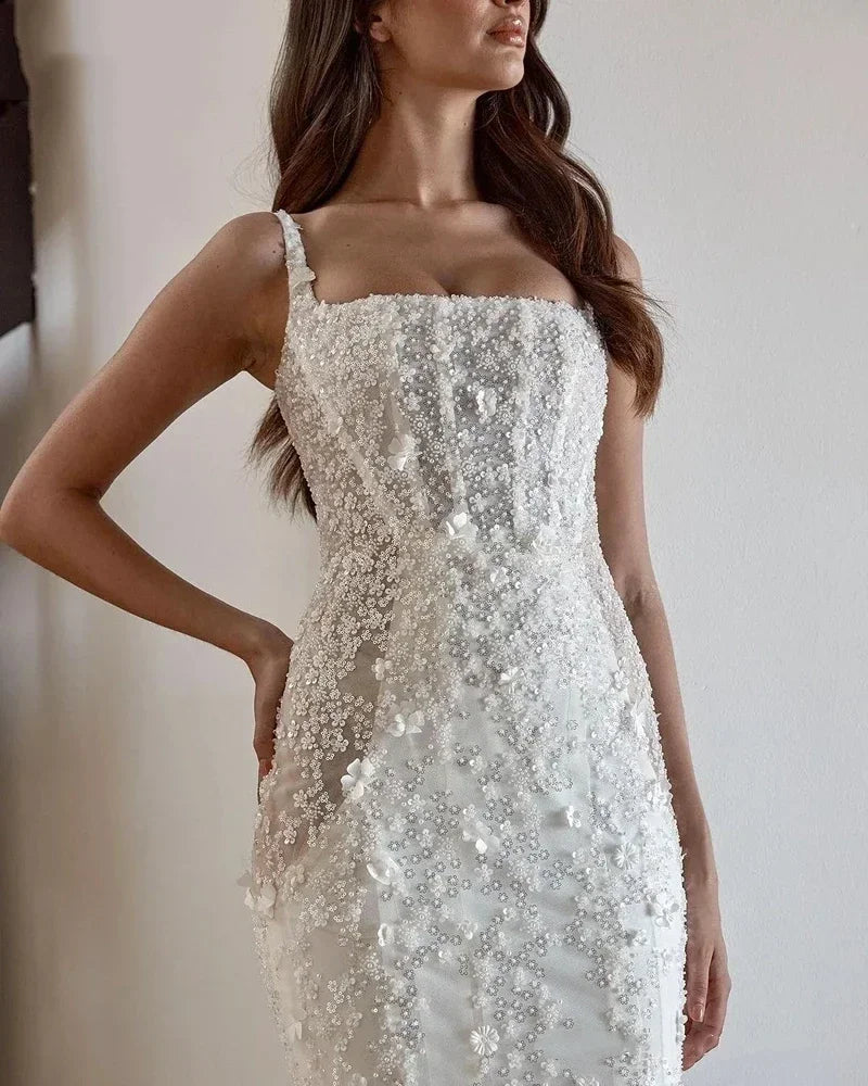 customize Lace Mermaid Wedding Dresses Spaghetti Straps Bridal Gowns Sleeveless 3D Flower Backless Sweep Train Vestido De Novias