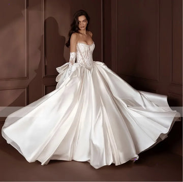 Customized Gorgeous Strapless Ball Gown Satin Wedding Dress Vintage Pearls Lace Women Bridal Gowns With Bow Vestido de novia