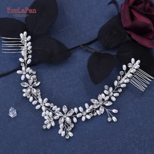 YouLaPan HP128 Pearl Wedding Headpiece with Combs Woman Hair Clip Bride Tiara Headpiece Rhinestone Bridal Headwear Accessories
