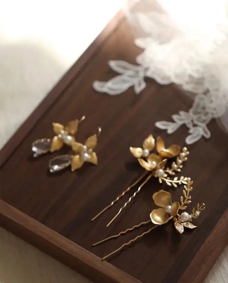 Bridal Jewelry Flower Head Pieces Pearl Hair Clip Pin For Bride Bridesmaids Women Vintage Gold Color Hairpin Wedding Accessories