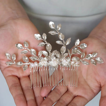 Silver Color Leaf Hair Comb Pin Clip Freshwater Pearl Hairpin For Brides Women Head Pieces Wedding Accessories Bridal Jewelry