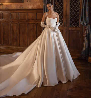 Elegant A-Line Church Wedding Dress Strapless Pleats Satin Gloves Bridal Bride Gown Women vestidos de novia