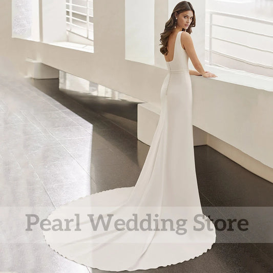 Vestido de noiva de colarinho quadrado simples sem mangas, sem costas, vestido de noiva do chão sem fundo com vestidos personalizados de cinto e botão