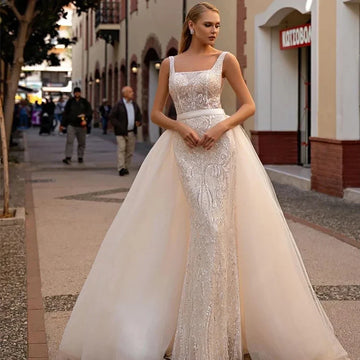 Customized  Luxury Exquisite Detachable 2 In 1 Mermaid Wedding Dress Elegant Square Collar Sleeveless Sequined Bridal Gowns