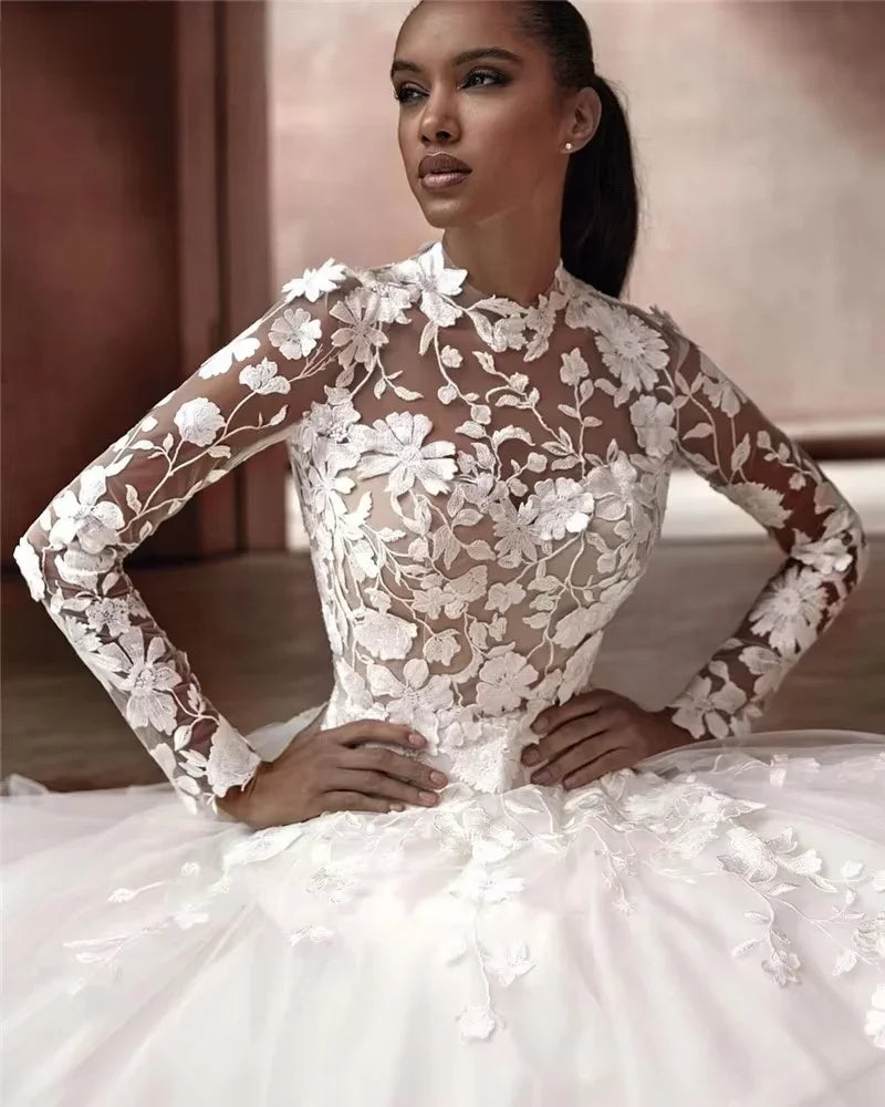 Customzied Lace Wedding Dress A Line Long Sleeve High Neck Appliques Bride Dresses Sxey Backless Vestidos De Novia