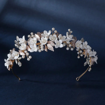 Wedding Hair Accessories Porcelain Flower Headband Hairband For Brides Handmade Gold Color Headpiece Headdress Bridal Jewelry