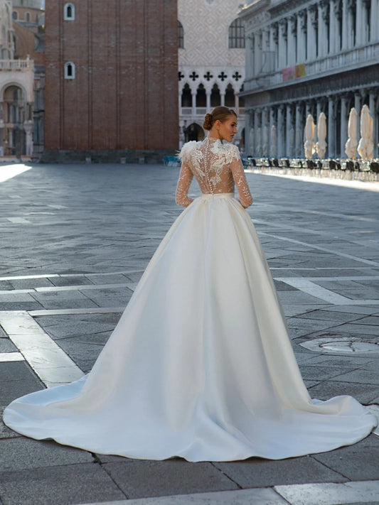 Modest High Collar Wedding Dress Sparkly Sequins Beads Bride Robe 2024 Elegant A-line Appiliques Long Bridal Gown Robe De Mariée