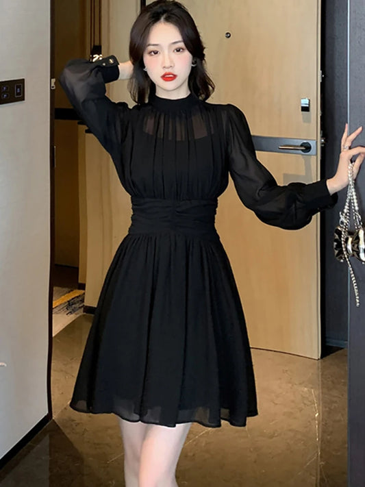 Жінки корейська старовинна сукня Hepburn Чорний шифоновий довгий рукав міді Сукня Весна Літня елегантна розкішна вечірка Вечірні сукні